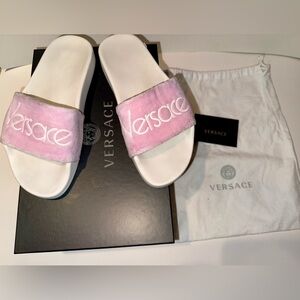 Versace Women's White and Pink Slide Sandals